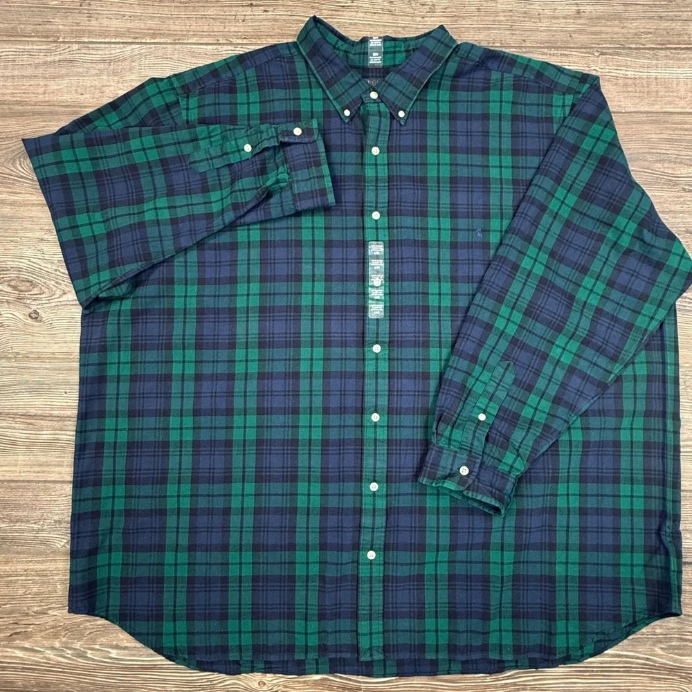 Polo Ralph Lauren Mens Size 4XB Oxford Shirt Green Navy Blue Plaid Brushed